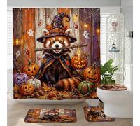 Juego de 4 accesorios de baño de panda rojo de Halloween con alfombra antideslizante, en forma de U y cubierta de tapa de inodoro, decoración rústica de calabaza de terror, 72 x 72 pulgadas