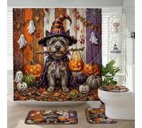 Juego de 4 accesorios de baño de perro Cairn Terrier de Halloween con alfombra antideslizante, en forma de U y cubierta de tapa de inodoro, decoración rústica de calabaza de terror, 72 x 72 pulgadas
