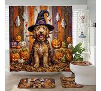 Juego de 4 accesorios de baño de perro con tapete antideslizante, en forma de U y tapa de inodoro, diseño de calabaza rústica de terror, 72 x 72 pulgadas