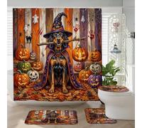 Juego de 4 accesorios de baño de perro Coonhound de Halloween con alfombra antideslizante, en forma de U y cubierta de tapa de inodoro, decoración rústica de calabaza de terror, 72 x 72 pulgadas