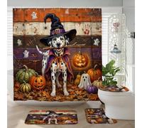 Juego de 4 accesorios de baño de perro dálmata de Halloween con alfombra antideslizante, en forma de U y cubierta de tapa de inodoro, decoración rústica de calabaza de terror, 72 x 72 pulgadas
