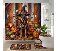 Juego de 4 accesorios de baño de perro pastor alemán de Halloween con alfombra antideslizante, en forma de U y cubierta de tapa de inodoro, decoración rústica de calabaza de terror, 72 x 72 pulgadas