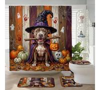 Juego de 4 accesorios de baño de perro Pitbull de Halloween con alfombra antideslizante, en forma de U y cubierta de tapa de inodoro, decoración rústica de calabaza de terror, 72 x 72 pulgadas