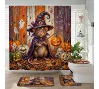Juego de 4 accesorios de baño de ratón de rata, de Halloween, con alfombra antideslizante, en forma de U y cubierta de tapa de inodoro, decoración rústica de calabaza de terror, 72 x 72 pulgadas