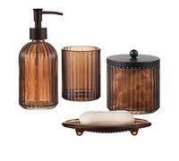 Juego de 4 Accesorios de baño de Vidrio Pesado con patrón prensado Decorativo, Incluye dispensador de jabón de Manos, Vaso, jabonera y Soporte para Cepillo de Dientes (marrón)