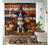 Juego de 4 accesorios de baño para perro Border Collie de Halloween con alfombra antideslizante, en forma de U y cubierta de tapa de inodoro, decoración rústica de calabaza de terror, 72 x 72 pulgadas