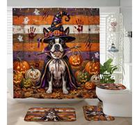Juego de 4 accesorios de baño para perro Boston Terrier de Halloween con alfombra antideslizante, en forma de U y cubierta de tapa de inodoro, decoración rústica de calabaza de terror, 72 x 72