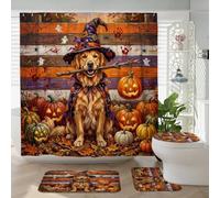 Juego de 4 accesorios de baño para perro Golden Retriever de Halloween con alfombra antideslizante, en forma de U y cubierta de tapa de inodoro, decoración rústica de calabaza de terror, 72 x 72