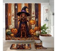 Juego de 4 accesorios de baño para perro setter irlandés de Halloween con alfombra antideslizante, en forma de U y cubierta de tapa de inodoro, decoración rústica de calabaza de terror, 72 x 72