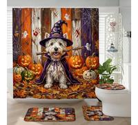 Juego de 4 accesorios de baño para perro Westie de Halloween con alfombra antideslizante, en forma de U y cubierta de tapa de inodoro, decoración rústica de calabaza de terror, 72 x 72 pulgadas