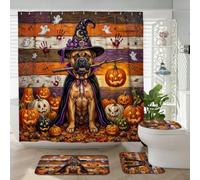 Juego de 4 accesorios de baño para perros Bullmastiffs de Halloween con alfombra antideslizante, en forma de U y cubierta de tapa de inodoro, decoración rústica de calabaza de terror, 72 x 72 pulgadas