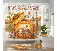 Juego de 4 accesorios de baño para perros Cocker Spaniel con alfombra antideslizante, en forma de U y cubierta de tapa de inodoro, decoración de baño, calabaza, girasol, otoño, 182 x 183 cm