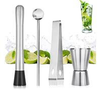 Juego de 4 accesorios de cóctel, mojito, cuchara mezcladora, clip de hielo y vaso medidor