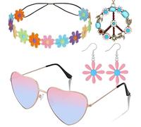 Juego de 4 accesorios hippie de los años 60 y 70 para mujer, incluye gafas hippie vintage, diadema de margaritas, collar y aretes, suministros de fiesta para cosplay, fiesta de Halloween (rosa)