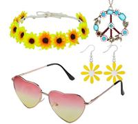 Juego de 4 accesorios hippie de los años 60 y 70 para mujer, incluye gafas hippie vintage, diadema de margaritas, collar y aretes, suministros de fiesta para cosplay, fiesta de Halloween (amarillo)