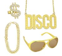 Juego de 4 accesorios para discoteca, cadena dorada, anillo con símbolo de dólar, gafas de sol retro Rap Star, pulsera, disfraz de hip hop, cadena dorada y gafas de fiesta (dorado), dorado, 14.5*13