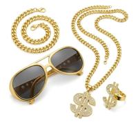 Juego de 4 accesorios para disfraz de hip hop, cadena dorada falsa brillante, pulsera, anillo de signo de dólar y gafas de rapero, trajes de rapero de la vieja escuela de los años 80 y 90 para hombres