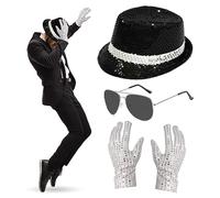 Juego de 4 accesorios para disfraz de MJ, bailarina de los años 80, con sombrero de lentejuelas de jazz, guantes y lentes de sol con marco plateado, juego de disfraz de rey del pop para fiesta