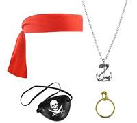 Juego de 4 accesorios para disfraz de pirata, incluye parche de ojo de pirata negro, bandana pirata roja, collar pirata y aretes de aro dorados piratas para Halloween, fiesta pirata, cosplay, capitán,