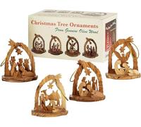 Juego de 4 adornos de árbol de Navidad hechos a mano de madera de olivo de Belén, decoraciones rústicas de vacaciones con diseños únicos, artesanía auténtica de la Tierra Santa, aproximadamente 8,5 x