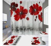 Juego De 4 Alfombras De Baño Flor Roja Alfombra De Secado Rápido 45X75 Cm, Cubierta De Inodoro, Alfombra Tipo U Antideslizante Y Cortina De Baño