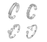 Juego de 4 anillos ajustables de plata para el dedo del pie para mujer, diseño de flor, amor, cola de ballena, diseños de doble banda, anillo de buena suerte para hombres y mujeres (plata)