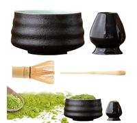 Juego de 4 batidores Matcha, juego de matcha de escoba, cuenco, cuchara y soporte para escoba, kit de regalo de cerámica Matcha hecho a mano para la preparación tradicional de té matcha (negro)