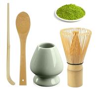 Juego de 4 batidores para Matcha de bambú de 80 cerdas con 2 cucharas, soporte para escoba verde, accesorios y portacepillos de té