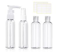Juego de 4 botellas de viaje transparentes de 100 ml, botellas de aerosol, recipientes de líquido recargables para loción, gel de baño, champú con 2 etiquetas