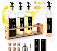 Juego de 4 botellas de vinagre y aceite (500 ml) con estante de bambú amarillo, botella de aceite con pico vertedor y dispensador de aceite con etiqueta negra. nuevo