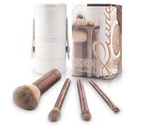 Juego de 4 brochas y pinceles veganos de viaje Mini Prime, juego para maquillaje y cosmética para los viajes y las vacaciones, incluye soporte/estuche de viaje para las brochas/pinceles