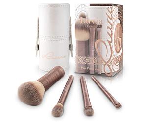 Juego de 4 brochas y pinceles veganos de viaje Mini Prime, juego para maquillaje y cosmética para los viajes y las vacaciones, incluye soporte/estuche de viaje para las brochas/pinceles
