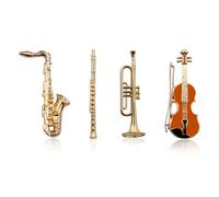 Juego de 4 broches de instrumentos musicales, broche de trompeta dorada, violín, clarinete, saxofón, pin de metal con temática musical, pin de solapa para hombre y mujer, camisa, bufanda, vestido