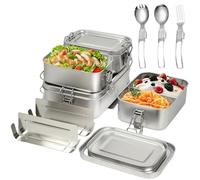 Juego de 4 cajas Bento de acero inoxidable 304 para aperitivos con separador con cierre de clip, 1400/850/550 ml, con cuchara y tenedor, recipiente bento apilable a prueba de fugas