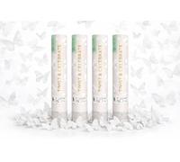 Juego de 4 cánones de confeti mariposas blancas 20 cm, alcance 5-8 metros, confeti biodegradables, ideal para bodas, cumpleaños, baby shower fiesta, efecto mariposas blanco.