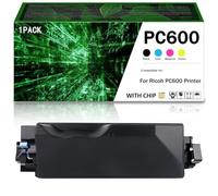 Juego de 4 cartuchos de tóner de alto rendimiento para impresoras PC600 (modelos 408314, 408315, 408316 y 408317). Este cartucho rinde 18000 páginas en negro y 12000 en amarillo/negro,Black-1Pack
