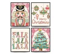Juego de 4 cascanueces rosa sin marco, decoración de pared de Navidad, cascanueces, árbol de Navidad, impresiones artísticas de pared, cascanueces de Navidad, póster de Feliz Navidad, regalos de