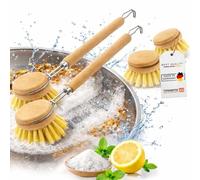 Juego de 4 cepillos de cocina de madera con cabezal intercambiable, 2 cabezales de repuesto de cerdas naturales, cepillo de cocina sostenible y cepillo de lavado, cepillo de cocina de madera
