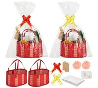 Juego de 4 cestas de regalo de madera tejida roja con bolsas envolventes, lazos para tirar, tarjetas de felicitación, cesta vacía de 11.8 pulgadas con asas, cestas multiusos para regalos, cumpleaños