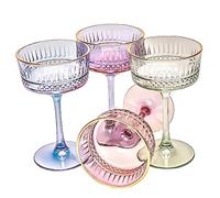 Juego de 4 Copas Cupé de Colores con Borde Dorado Vintage, 260 ml/8,8 oz de Champán, Cóctel, Martini, Copas de Vino, Copa de Ginebra y Prosecco, Vino Cristal, Cristalería de Tallo Largo