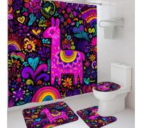 Juego de 4 cortinas de ducha coloridas con diseño de llama, color violeta melocotón, accesorios para decoración de baño, divertido juego de cortina de ducha de tela impermeable moderna con ganchos, 72