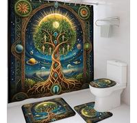 Juego de 4 cortinas de ducha con diseño de árbol de la vida, decoración cósmica de baño, color negro, verde, azul, tela impermeable, con ganchos, 72 x 72 pulgadas