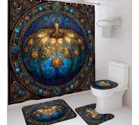 Juego de 4 cortinas de ducha con diseño de calabaza de vidrieras, decoración de baño de otoño azul dorado con alfombrilla de baño y ganchos, tela impermeable de estilo vintage para el hogar de otoño