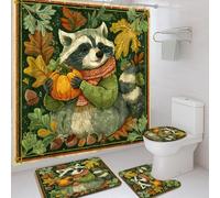 Juego de 4 cortinas de ducha de mapache, decoración de baño de otoño verde y naranja con alfombrilla de baño y accesorios, juego de cortina de ducha de tela impermeable con ganchos, 182 x 183 cm