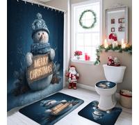 Juego de 4 cortinas de ducha de Navidad con diseño de muñeco de nieve, decoración de baño de invierno, color azul oscuro, juego de cortina de ducha de tela impermeable con ganchos y alfombrillas de