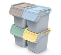 Juego de 4 cubos de basura Kaddi grises apilables, colección diferenciada de plástico, 80 litros (4 x 20 L) de reciclaje, cubo de basura para interiores y cocinas