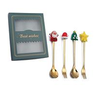 Juego de 4 cucharas de acero inoxidable con colgante de Navidad, caja de regalo para café, té, sopa, postre, condimento, helado, cuchara larga de acero inoxidable