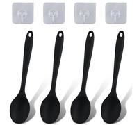 Juego de 4 cucharas de silicona con 4 gancho pequeño, cucharas antiadherentes para servir, cucharas de cocina con mango largo, cucharas mezcladoras para cocinar, remover, mezclar, hornear (negro)
