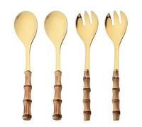 Juego de 4 cucharas y tenedores de ensalada, cuchara de servir de mango largo, tenedor, mango de madera de bambú, vajilla de cocina de acero inoxidable para mezclar frutas, pasta, ensalada, juego de