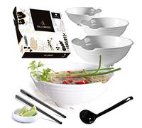 Juego de 4 cuencos blancos XL, juego de 16 cuencos de pho, cuencos de ramen con cucharas negras XL, palillos y platos de salsa. melamina de calidad de restaurante, Udon, vajilla tailandesa y china.